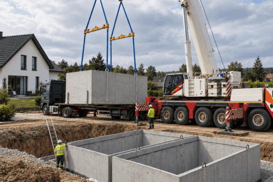 Montaż betonowego modułu na budowie